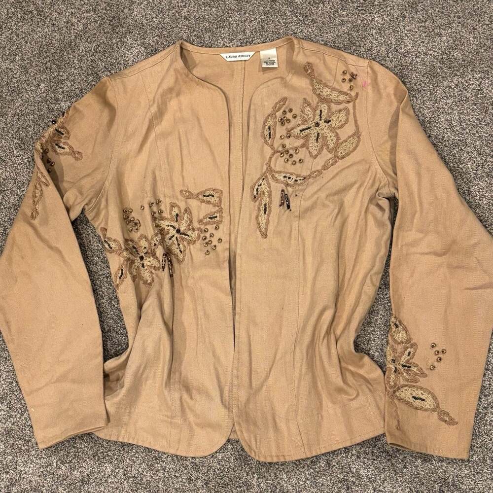 Laura Ashley Embroidered Beaded Linen Jacket Tan Size S